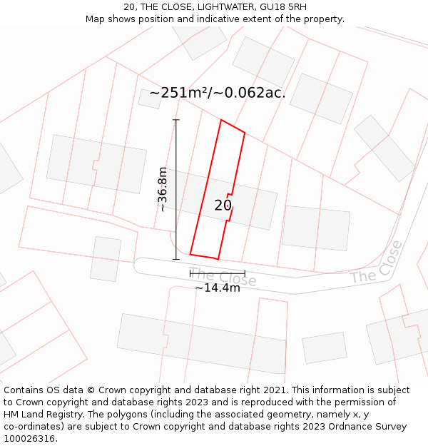 20, THE CLOSE, LIGHTWATER, GU18 5RH: Plot and title map