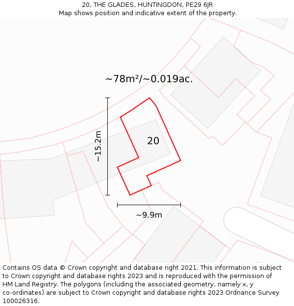 20, THE GLADES, HUNTINGDON, PE29 6JR: Plot and title map