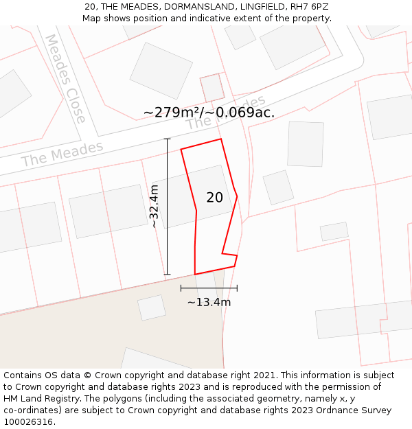 20, THE MEADES, DORMANSLAND, LINGFIELD, RH7 6PZ: Plot and title map