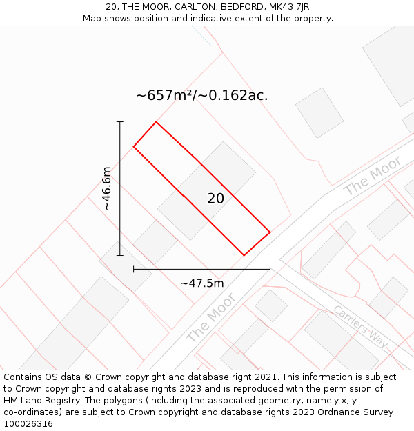 20, THE MOOR, CARLTON, BEDFORD, MK43 7JR: Plot and title map