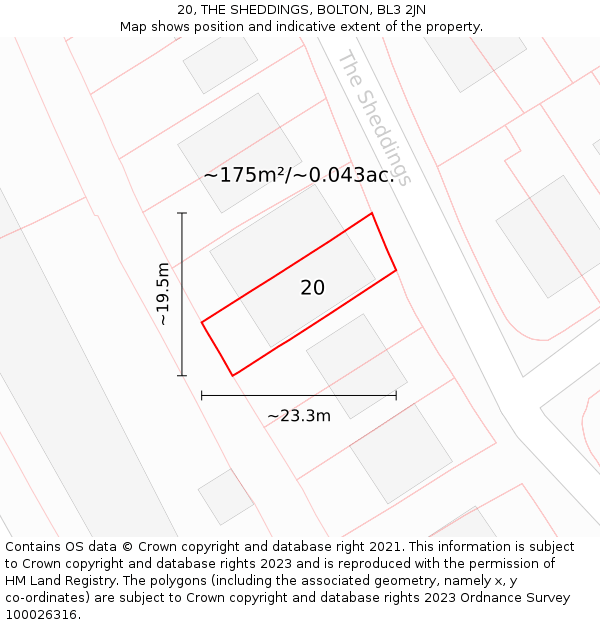 20, THE SHEDDINGS, BOLTON, BL3 2JN: Plot and title map