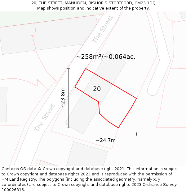 20, THE STREET, MANUDEN, BISHOP'S STORTFORD, CM23 1DQ: Plot and title map