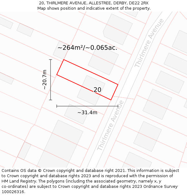 20, THIRLMERE AVENUE, ALLESTREE, DERBY, DE22 2RX: Plot and title map