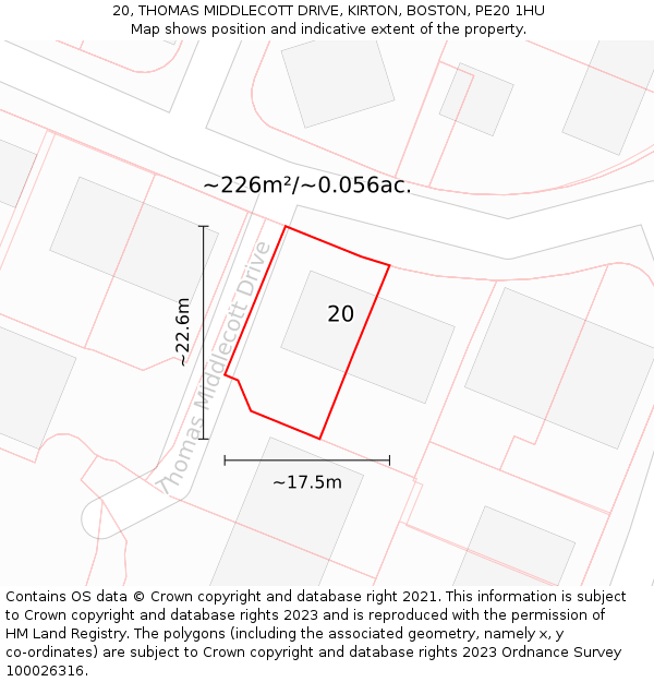 20, THOMAS MIDDLECOTT DRIVE, KIRTON, BOSTON, PE20 1HU: Plot and title map