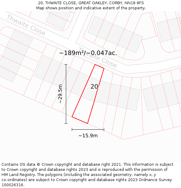 20, THWAITE CLOSE, GREAT OAKLEY, CORBY, NN18 8FS: Plot and title map