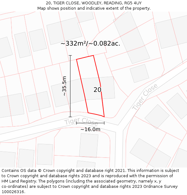 20, TIGER CLOSE, WOODLEY, READING, RG5 4UY: Plot and title map