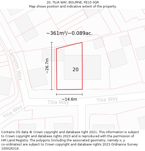 20, TILIA WAY, BOURNE, PE10 0QR: Plot and title map