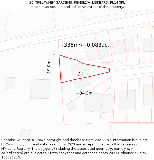 20, TRELAWNEY GARDENS, PENSILVA, LISKEARD, PL14 5PL: Plot and title map