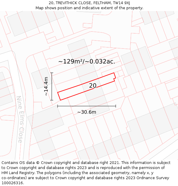 20, TREVITHICK CLOSE, FELTHAM, TW14 9XJ: Plot and title map