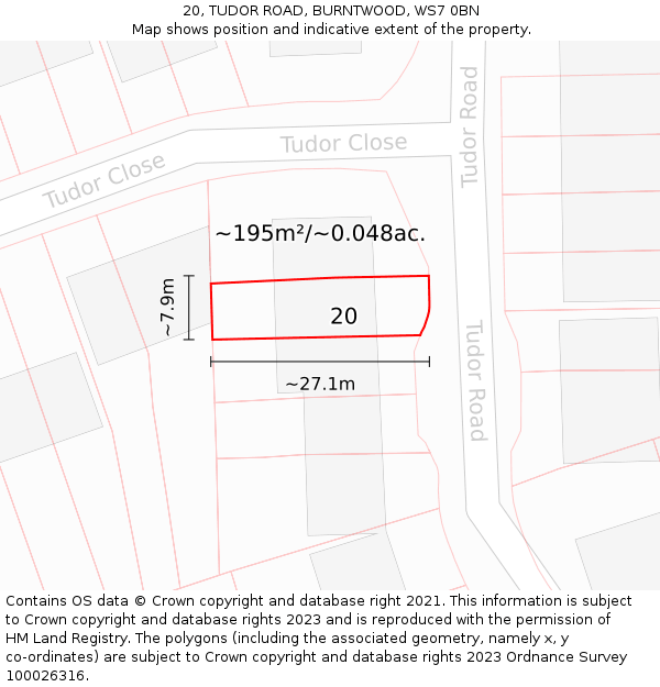 20, TUDOR ROAD, BURNTWOOD, WS7 0BN: Plot and title map