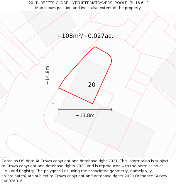 20, TURBETTS CLOSE, LYTCHETT MATRAVERS, POOLE, BH16 6HF: Plot and title map