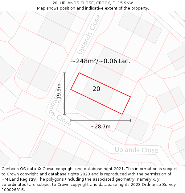 20, UPLANDS CLOSE, CROOK, DL15 9NW: Plot and title map