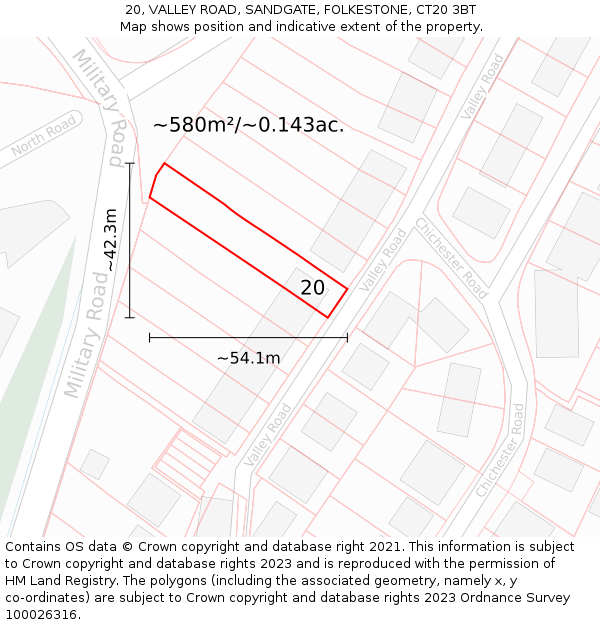 20, VALLEY ROAD, SANDGATE, FOLKESTONE, CT20 3BT: Plot and title map