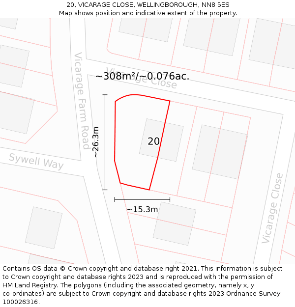 20, VICARAGE CLOSE, WELLINGBOROUGH, NN8 5ES: Plot and title map