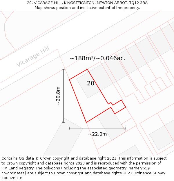 20, VICARAGE HILL, KINGSTEIGNTON, NEWTON ABBOT, TQ12 3BA: Plot and title map
