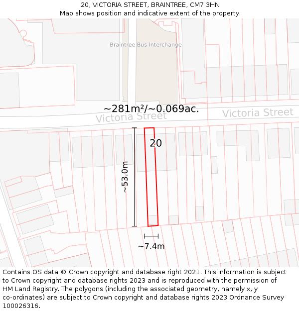 20, VICTORIA STREET, BRAINTREE, CM7 3HN: Plot and title map