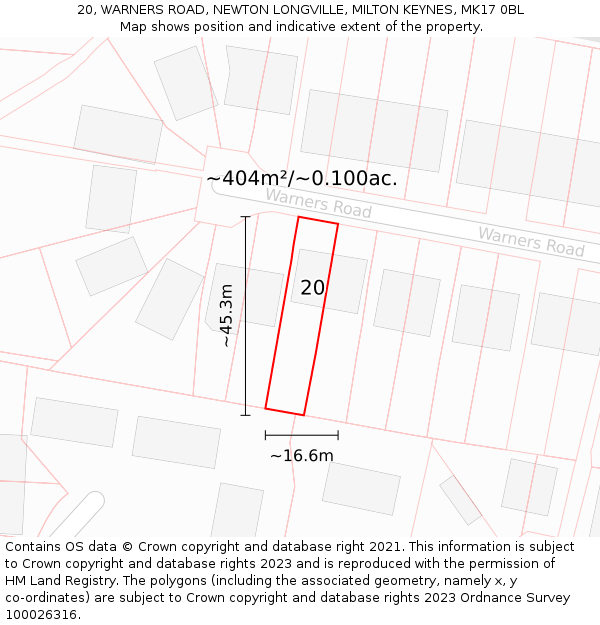 20, WARNERS ROAD, NEWTON LONGVILLE, MILTON KEYNES, MK17 0BL: Plot and title map