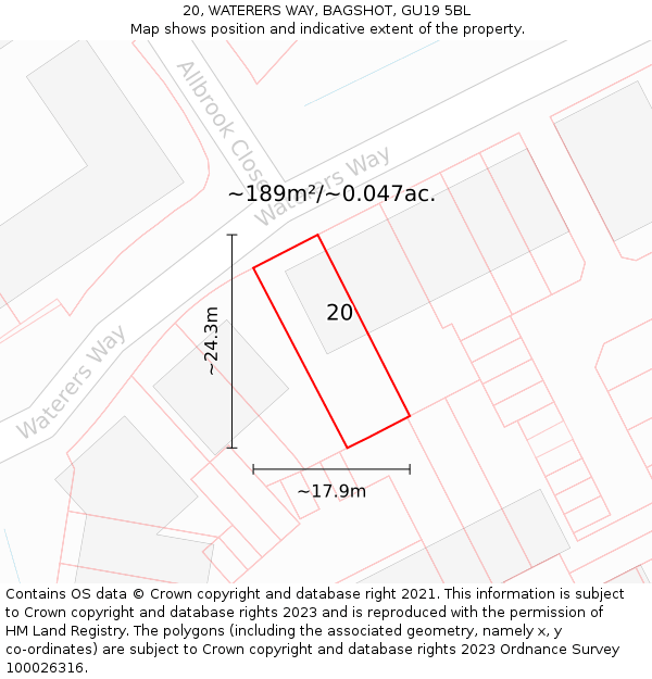 20, WATERERS WAY, BAGSHOT, GU19 5BL: Plot and title map