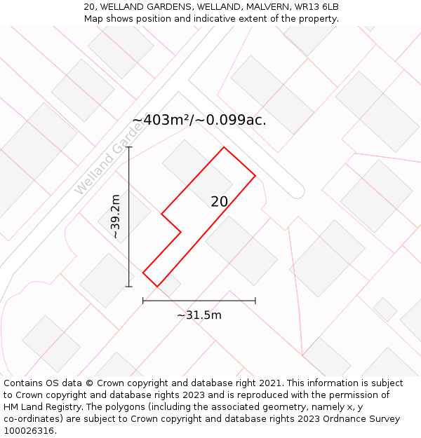 20, WELLAND GARDENS, WELLAND, MALVERN, WR13 6LB: Plot and title map