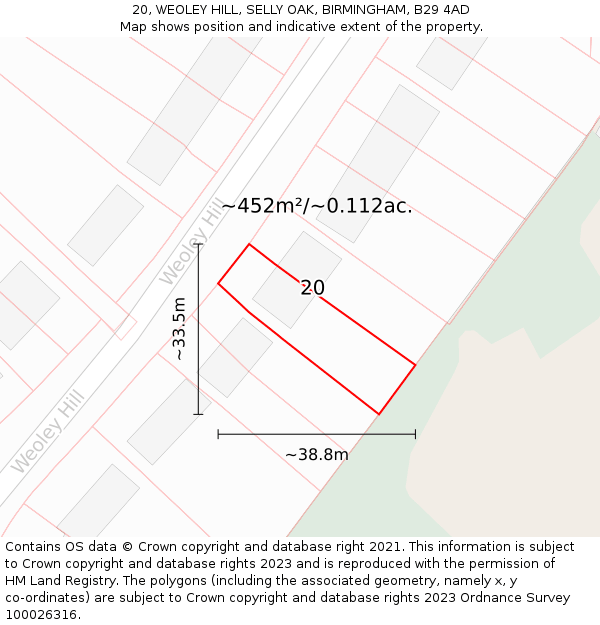 20, WEOLEY HILL, SELLY OAK, BIRMINGHAM, B29 4AD: Plot and title map