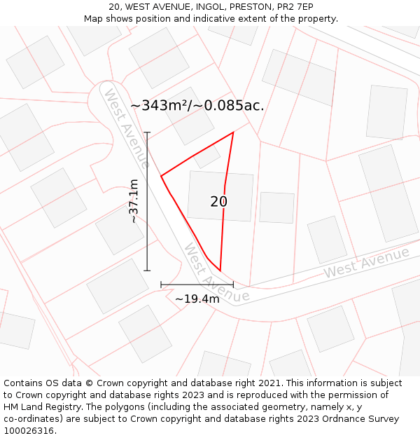 20, WEST AVENUE, INGOL, PRESTON, PR2 7EP: Plot and title map