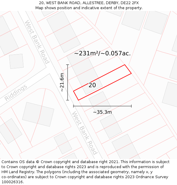 20, WEST BANK ROAD, ALLESTREE, DERBY, DE22 2FX: Plot and title map