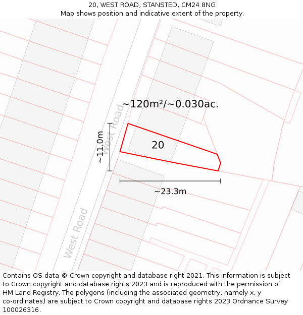 20, WEST ROAD, STANSTED, CM24 8NG: Plot and title map