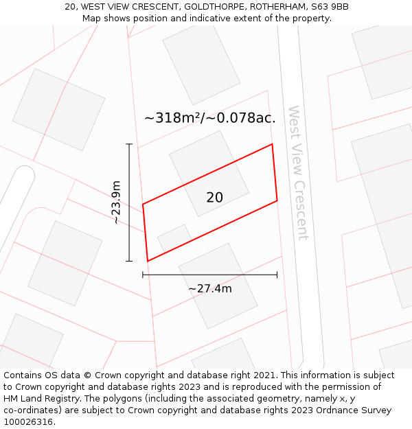 20, WEST VIEW CRESCENT, GOLDTHORPE, ROTHERHAM, S63 9BB: Plot and title map