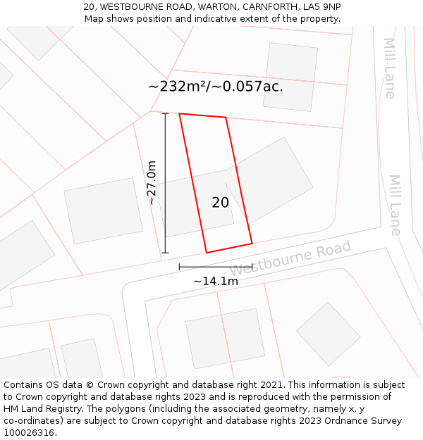 20, WESTBOURNE ROAD, WARTON, CARNFORTH, LA5 9NP: Plot and title map