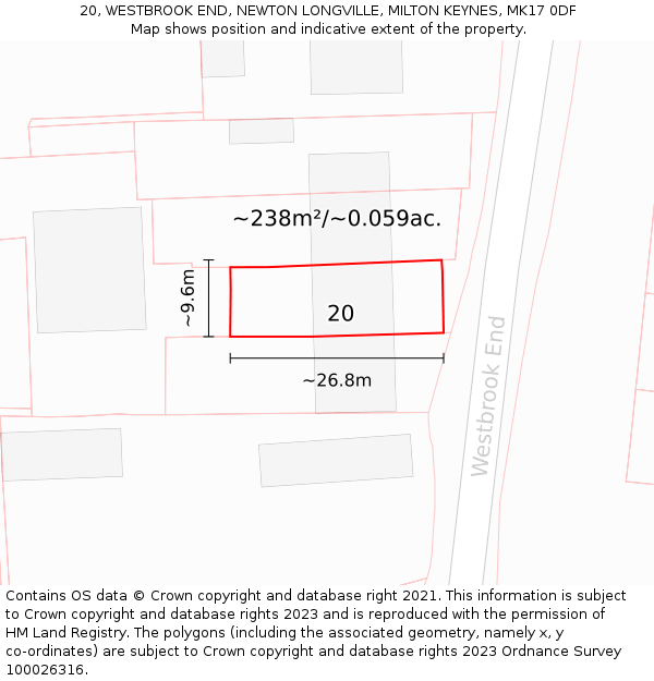 20, WESTBROOK END, NEWTON LONGVILLE, MILTON KEYNES, MK17 0DF: Plot and title map