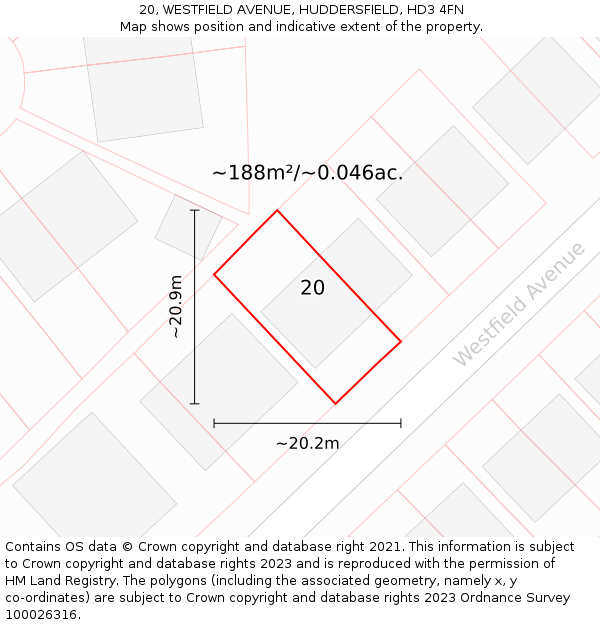 20, WESTFIELD AVENUE, HUDDERSFIELD, HD3 4FN: Plot and title map