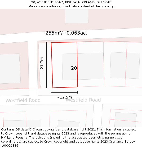 20, WESTFIELD ROAD, BISHOP AUCKLAND, DL14 6AE: Plot and title map