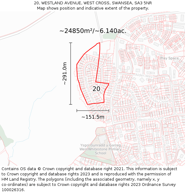 20, WESTLAND AVENUE, WEST CROSS, SWANSEA, SA3 5NR: Plot and title map