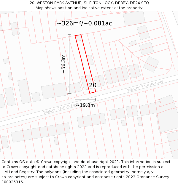 20, WESTON PARK AVENUE, SHELTON LOCK, DERBY, DE24 9EQ: Plot and title map