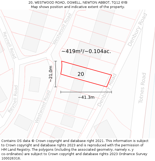 20, WESTWOOD ROAD, OGWELL, NEWTON ABBOT, TQ12 6YB: Plot and title map