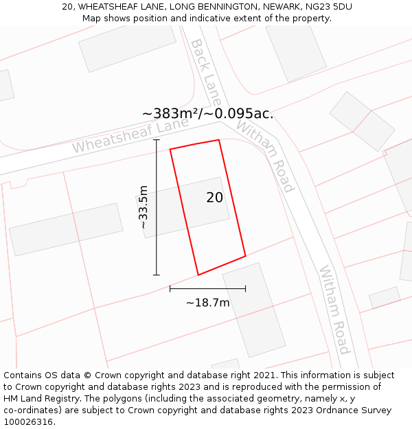 20, WHEATSHEAF LANE, LONG BENNINGTON, NEWARK, NG23 5DU: Plot and title map