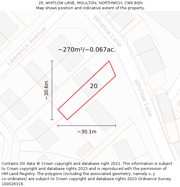 20, WHITLOW LANE, MOULTON, NORTHWICH, CW9 8QN: Plot and title map