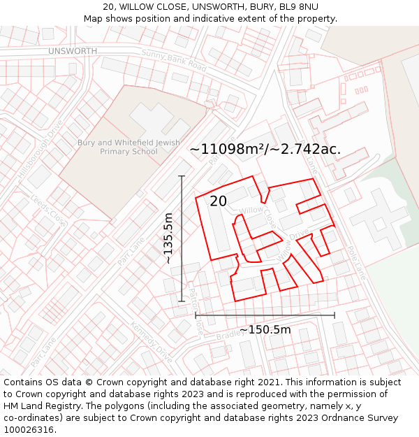 20, WILLOW CLOSE, UNSWORTH, BURY, BL9 8NU: Plot and title map