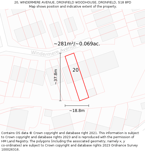 20, WINDERMERE AVENUE, DRONFIELD WOODHOUSE, DRONFIELD, S18 8PD: Plot and title map