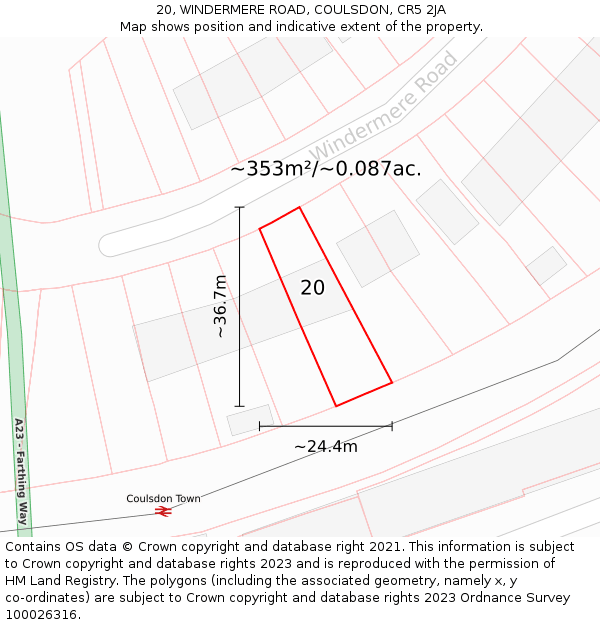 20, WINDERMERE ROAD, COULSDON, CR5 2JA: Plot and title map