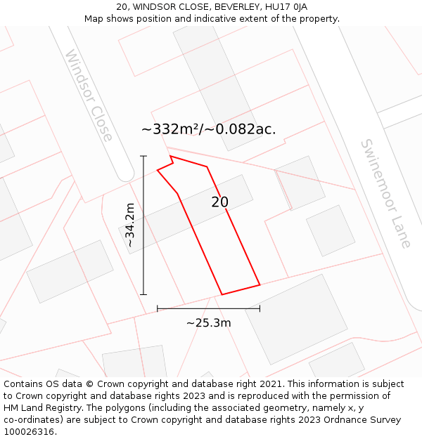 20, WINDSOR CLOSE, BEVERLEY, HU17 0JA: Plot and title map