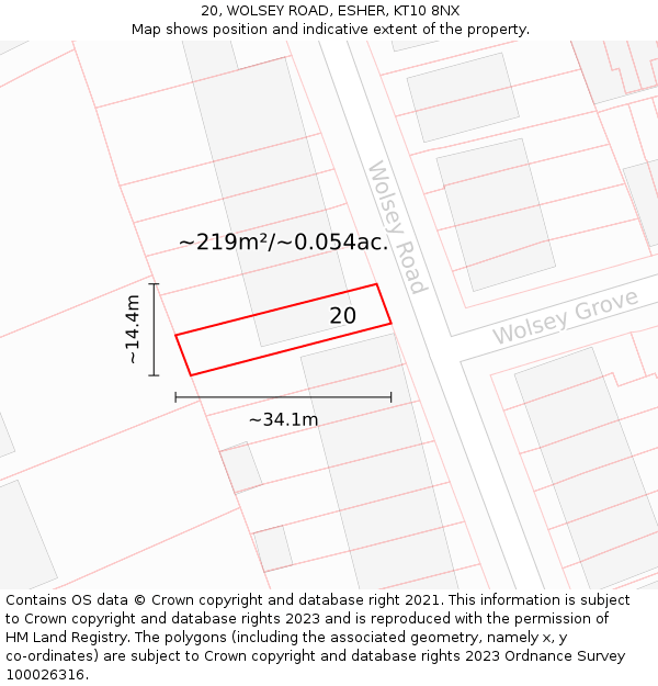 20, WOLSEY ROAD, ESHER, KT10 8NX: Plot and title map