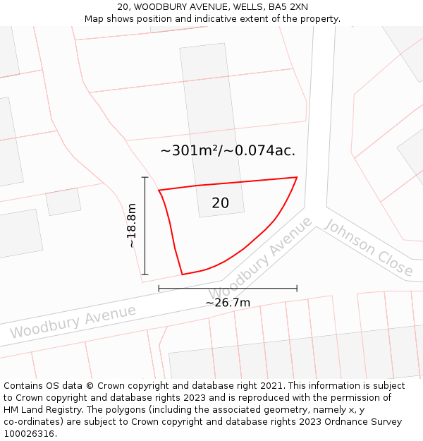 20, WOODBURY AVENUE, WELLS, BA5 2XN: Plot and title map