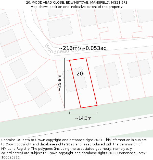 20, WOODHEAD CLOSE, EDWINSTOWE, MANSFIELD, NG21 9RE: Plot and title map