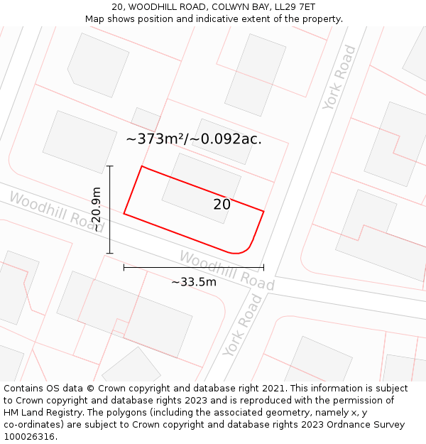 20, WOODHILL ROAD, COLWYN BAY, LL29 7ET: Plot and title map