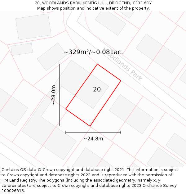 20, WOODLANDS PARK, KENFIG HILL, BRIDGEND, CF33 6DY: Plot and title map