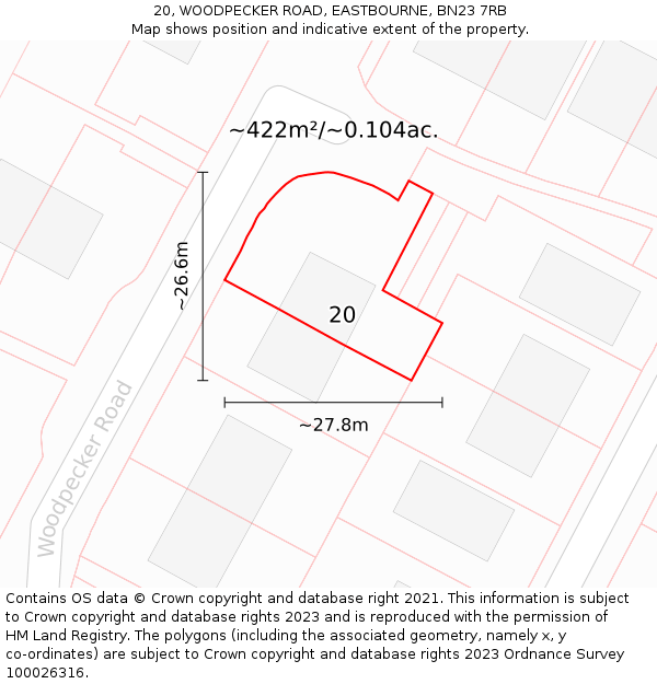 20, WOODPECKER ROAD, EASTBOURNE, BN23 7RB: Plot and title map