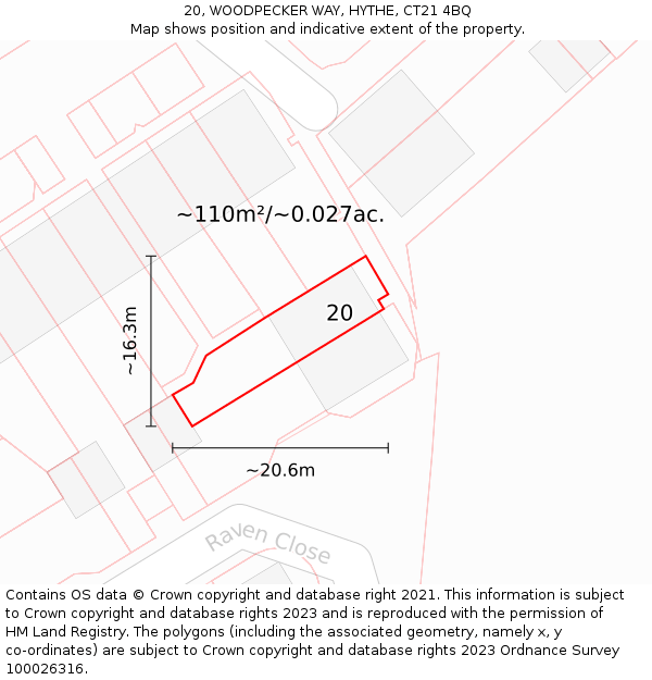 20, WOODPECKER WAY, HYTHE, CT21 4BQ: Plot and title map