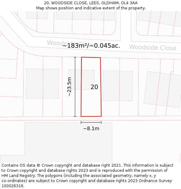 20, WOODSIDE CLOSE, LEES, OLDHAM, OL4 3AA: Plot and title map