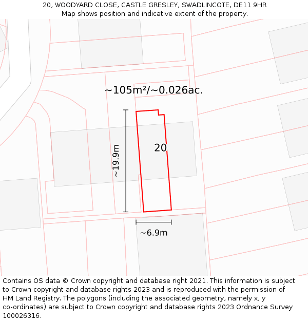 20, WOODYARD CLOSE, CASTLE GRESLEY, SWADLINCOTE, DE11 9HR: Plot and title map